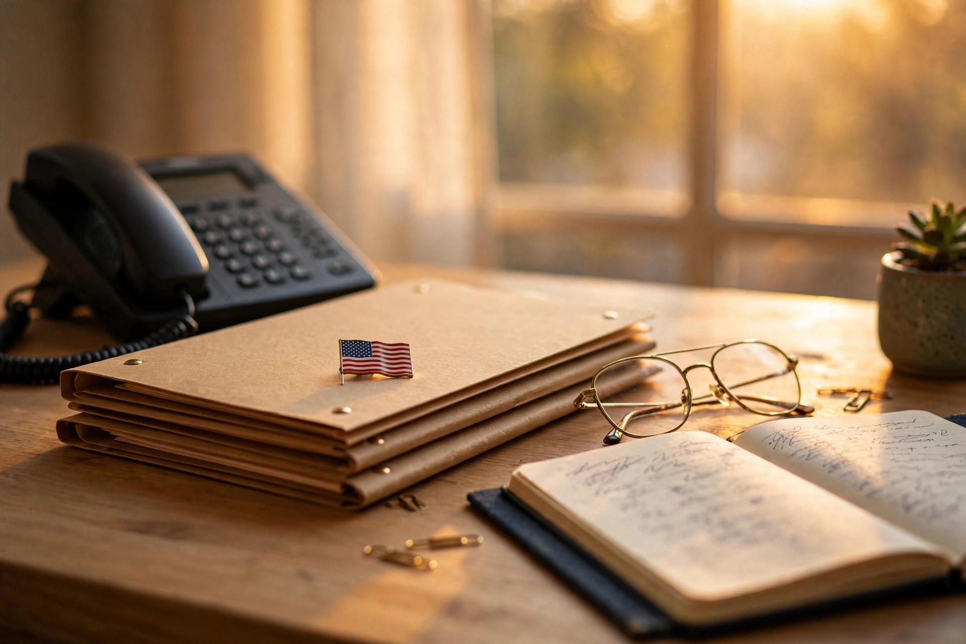 Illustrative photo: an insurance agent's desk with policy folders, a phone, and notes